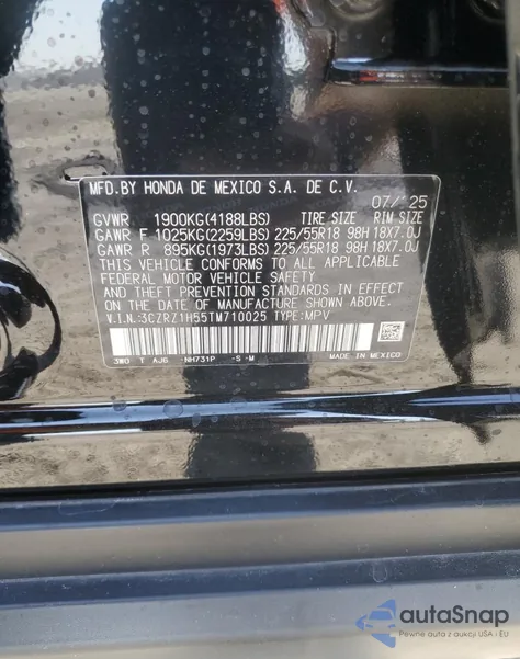 2026 Honda Hr-V Sport из США, поврежденный, VIN 3CZRZ1H55TM710025